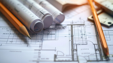 Architect drawing building floor plan, design blueprint map and engineer drafting structure on table paper. Real estate development work office construction and industrial wall safety ruler