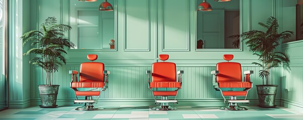 Highlight the sleek design of the barber shop interior, focusing on the mint green tone and the two vibrant red chairs for customers