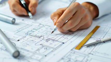 Architect drawing building floor plan, design blueprint map and engineer drafting structure on table paper. Real estate development work office construction and industrial wall safety ruler