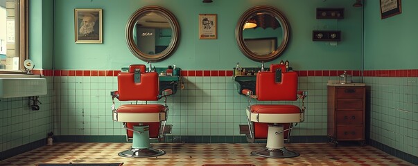 Fototapeta premium Illustrate the ambiance of a contemporary mens barber shop through a hyperrealistic photograph, featuring the mint green tones and the two distinctive red chairs