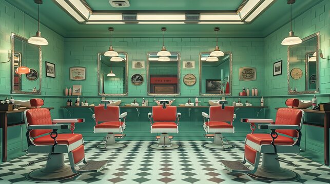 Convey the contemporary vibe of a mens barber shop with a hyperrealistic image, featuring the mint green color scheme and the eyecatching red chairs