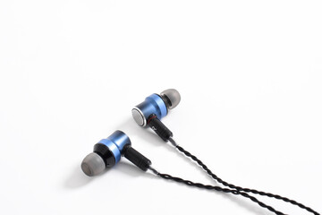 Close up Black modern headphones with a headset isolated on white background. concept of digital music