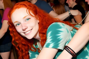 a  smiling caucasian woman, early 20s, wavy red hair, freckles, sea-green eyes, wearing tiedye, in a busy nightclub, vibrant, young, joyful, energetic, colorful, trendy, lively, hip, scene, vivacious