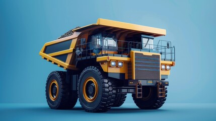 A yellow dump truck with a black cab sits on a blue background