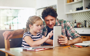Home, dad and daughter with tablet for homework or read with elearning for child development,...