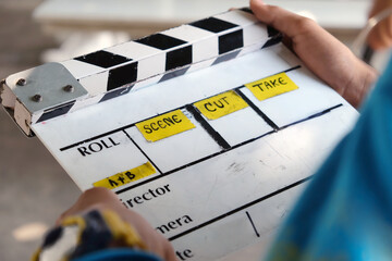 Film production crew, close up of movie Clapper board 