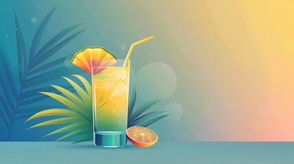 Craft a vector illustration of a tropical cocktail on a gradient background, featuring refreshing...