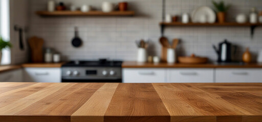 Wooden table top on blurred kitchen background, Empty kitchen table for display or menu design
