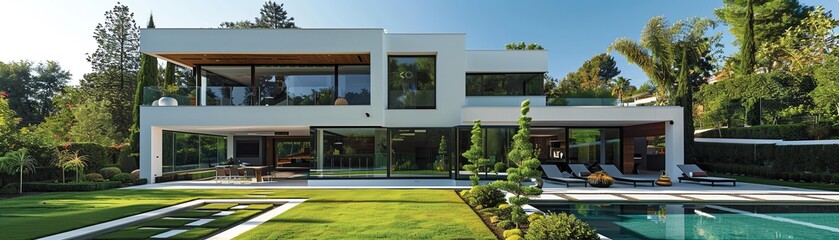 Imagine the landscaping for a garden surrounding a twostorey modern house, with white architecture and large windows