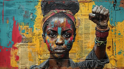 graffiti collage of grunge newspapers and multicolored painting illustration of an african woman...