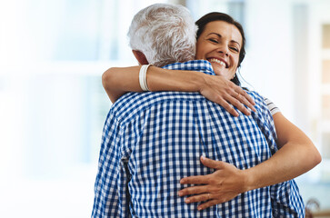 Senior, dad and woman hug in home with love, care and support in retirement from family. Elderly,...