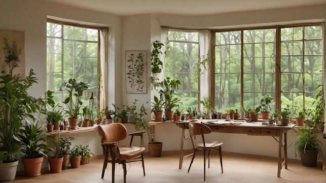 Eco friendly workroom with a comfortable chair, a large, natural wood desk, and a collection of plants and natural elements. Close up