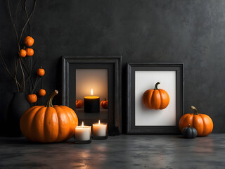 Halloween mockup design. Dark gray background with pumpkins, festive decor candles, photo or picture frames design. 3d rendering