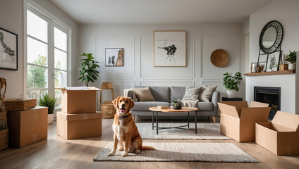  Pets dog moving to new home. Stack of cardboard boxes and dog sitting near cardboard box. Relocation, renovation, delivery service, donation concept