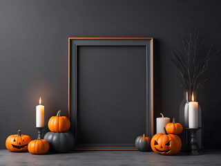 Halloween mockup design. Dark gray background with pumpkins, festive decor candles, photo or picture frames design. 3d rendering