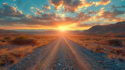an open road through an empty rocky desert at sunrise like a call to travel to explore to escape a journey through the difficulties and trials of life towards.stock immage