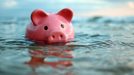 pink piggy bank floats on water drowning about to sink concept of investment failure budget issue financial risk debt problem bankruptcy economy crisis.stock photo