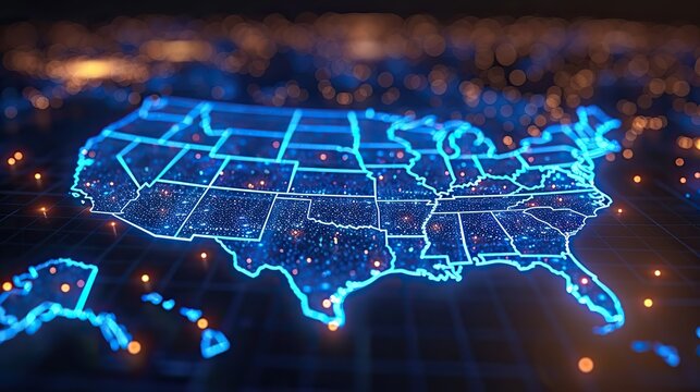 abstract digital map of usa concept of north america global network and connectivity data transfer and cyber technology information exchange and telecommunication.illustration,stock photo