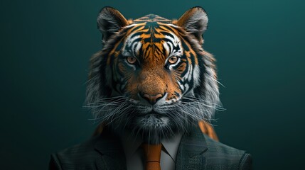 tiger dressed in an elegant and modern suit with a nice tie fashion portrait of an anthropomorphic animal feline shooted in a charismatic human attitude .stock photo