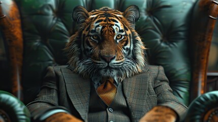 tiger dressed in an elegant and modern suit with a nice tie fashion portrait of an anthropomorphic animal feline shooted in a charismatic human attitude .illustration,stock photo