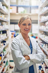 Intern, pharmacy or portrait of happy woman with arms crossed or pharmacist in healthcare clinic or...