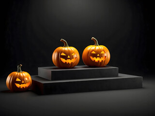 Halloween pumpkins on black background podium pedestal presentation for product shopping display designed.