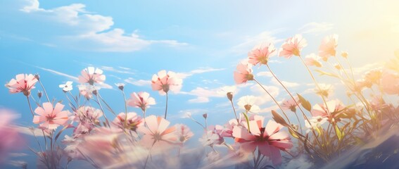 flowers in the sunlight, light sky blue and beige, blurred, dreamlike atmosphere, realistic landscapes with soft edges