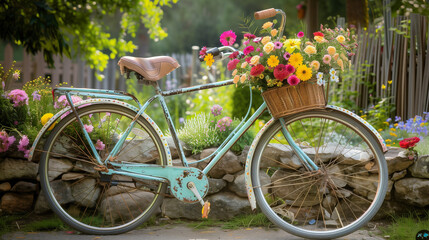 A quaint, vintage bicycle adorned with colorful flowers and a basket filled with gifts