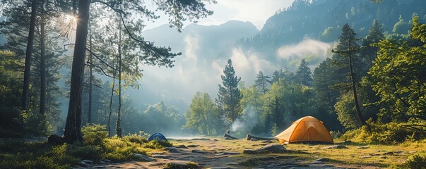 Plan a tent camping area that offers breathtaking mountain forest views, prioritizing harmony with the natural landscape