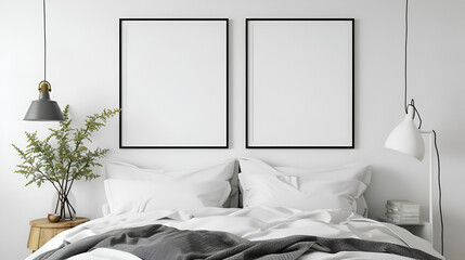 White wall with minimalist bedroom with a lamp paintings ,generative ai