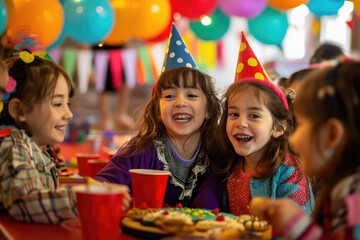 Children at a birthday party, smiling and having fun together amid colorful decorations