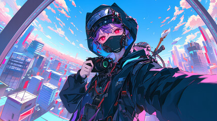 cyberpunk anime wearing Japanese demon masks