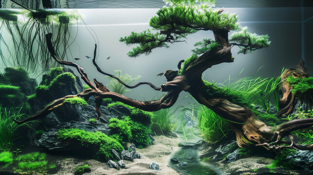 amazing aquascape aquarium with green plants and bonsai trees, Ai Generated Images
