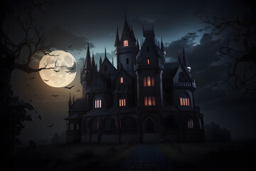 Fototapeta premium Halloween Scene - Party Of Pumpkins And Zombies In Graveyard At Moonlight - Contain Moon 3D Rendering - Unrecognizable, Deformed, And Church with Reassembled Parts Design.