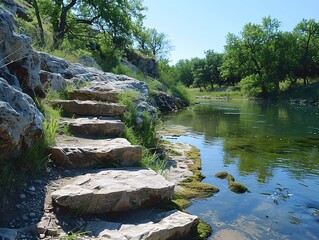 Picture a day spent by the river in your tent camping area How do the stone steps and clear sky add to the natural beauty