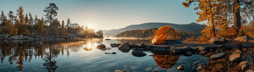 Share a moment of tranquility from your tent camping trip, where the clear sky, the sound of the river, and the stone steps created a perfect scene