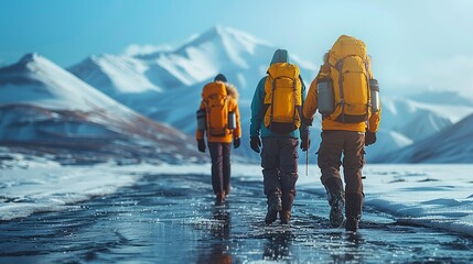 Three people are walking on a road in the snow