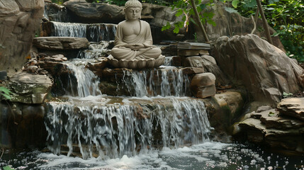 Fototapeta na wymiar A tranquil waterfall cascading behind a meditating Buddha sculpture.