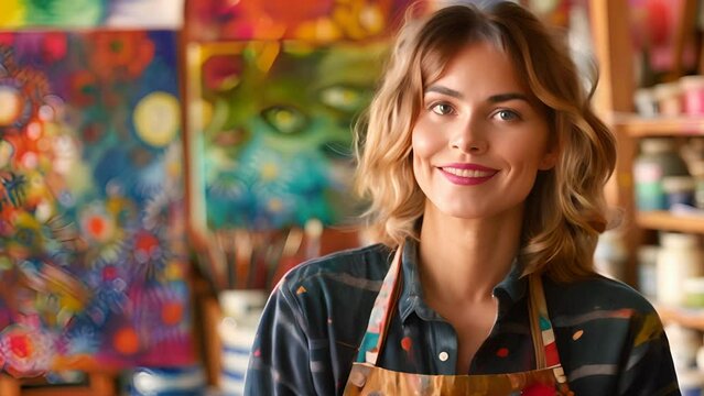 female painter in a splattered apron, standing in a colorful art studio, canvases behind
