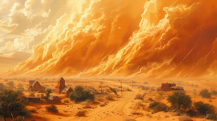 A painting of a desert with a large cloud of orange smoke in the background