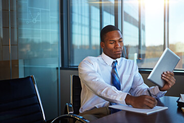 Black man, lawyer and writing with tablet for finance, legal paperwork or budget planning at...