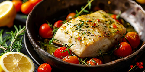 fish fillet with golden brown scales and fresh cherry tomatoes and lemon slices nestled in the center, generative AI