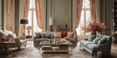  A beautifully decorated living room with luxurious mix-color curtains and a magical, artistic wallpaper. 