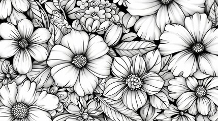 coloring book Black and white image of various flowers.