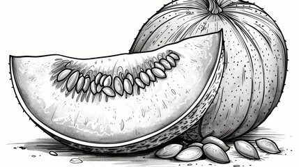 coloring book Black and white line drawing of a cantaloupe melon.