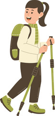 Woman Chibi Character, Hiking with Backpack and Trekking Poles