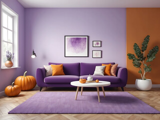 Interior of purple and orange living room with comfortable sofa and pumpkin decor design. 3d rendering