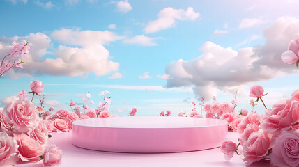 Podium background flower rose product pink 3d spring table beauty stand display nature white. Garden rose floral summer background podium cosmetic valentine easter field scene gift purple day romantic