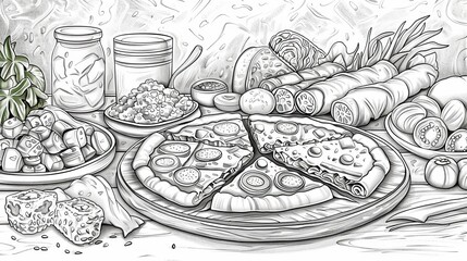 coloring book Black and white sketch of a delicious pizza