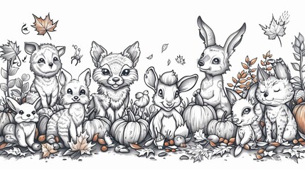 Fototapeta premium coloring book Cute animals gathering for Autumn.